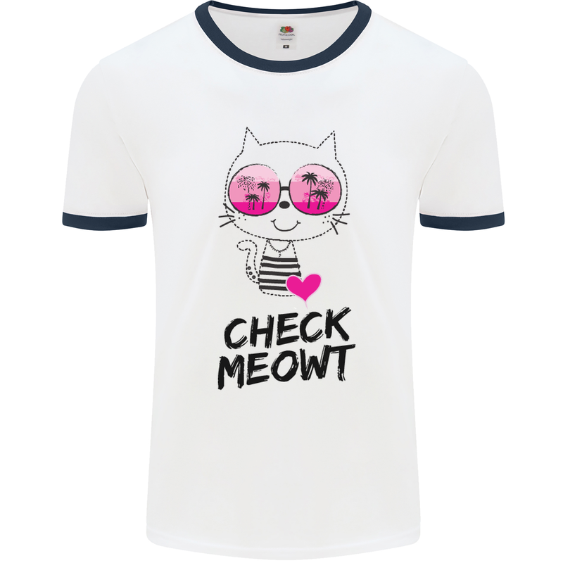 Check Meowt Mens White Ringer T-Shirt White/Navy Blue