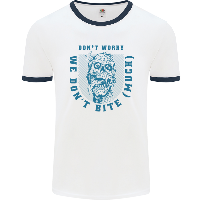 Funny Halloween Zombie We Dont Bite Much Mens Ringer T-Shirt White/Navy Blue