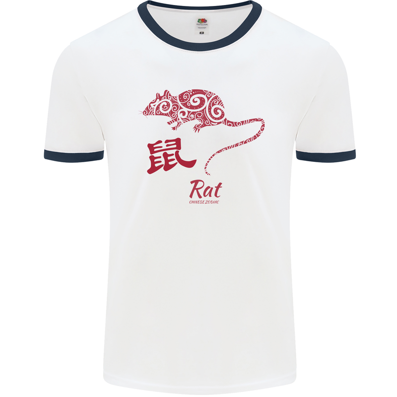 Chinese Zodiac Shengxiao Year of the Rat Mens White Ringer T-Shirt White/Navy Blue