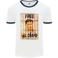 Free El Chapo Cocaine Drugs Cartel Mens White Ringer T-Shirt White/Navy Blue