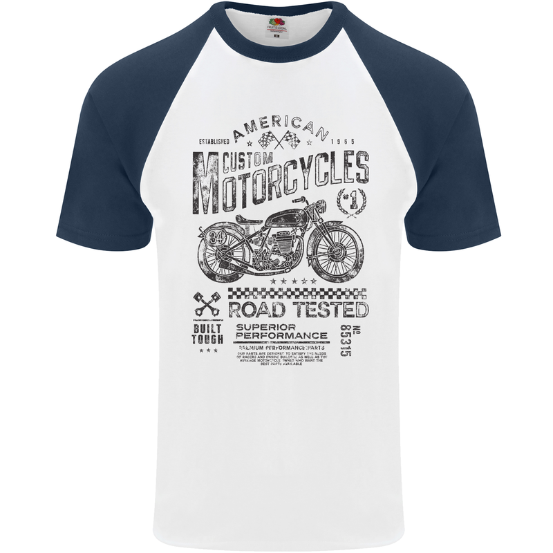 American Custom Motorbike Biker Motorcycle Mens S/S Baseball T-Shirt White/Navy Blue