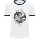 Japanese Fantasy Dragon Sun Background Mens White Ringer T-Shirt White/Navy Blue