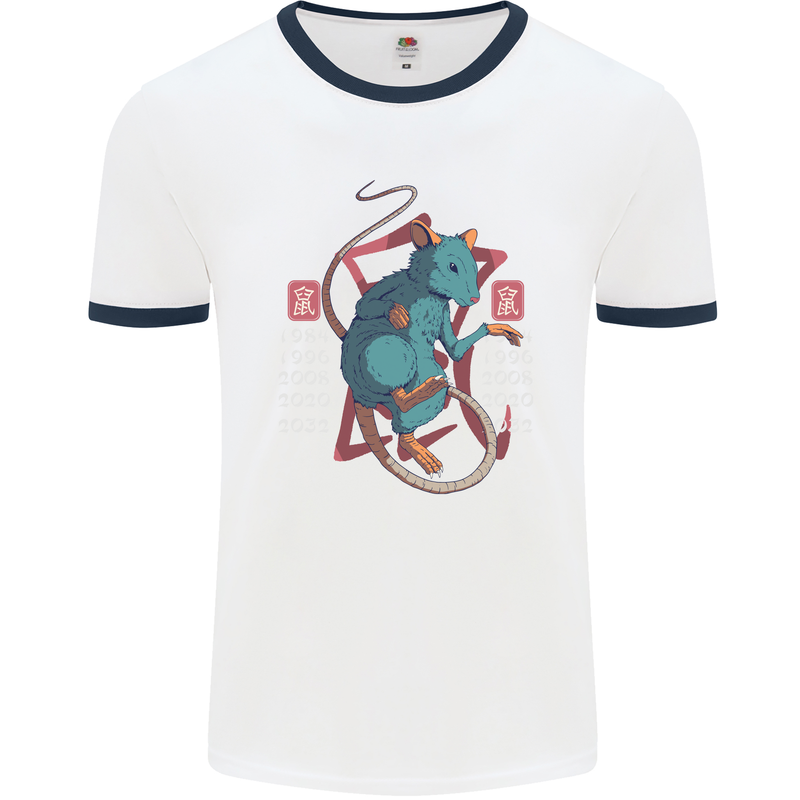 Chinese Zodiac Shengxiao Year of the Rat Mens White Ringer T-Shirt White/Navy Blue