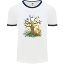 An Owl and Fox Tree Nature Ecology Mens White Ringer T-Shirt White/Navy Blue
