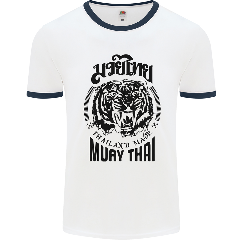 Muay Thai Fighter Warrior MMA Martial Arts Mens White Ringer T-Shirt White/Navy Blue