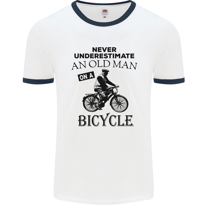 Cycling Never Underestimate Old Man Mens White Ringer T-Shirt White/Navy Blue