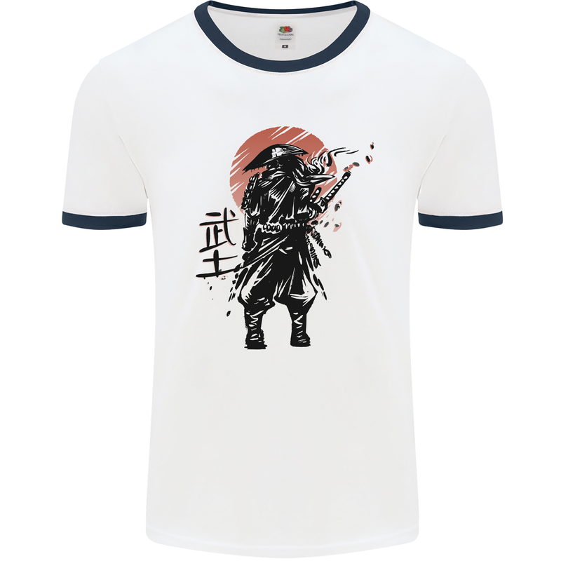 Samurai Sun  MMA Warrior Mens Ringer T-Shirt White/Navy Blue