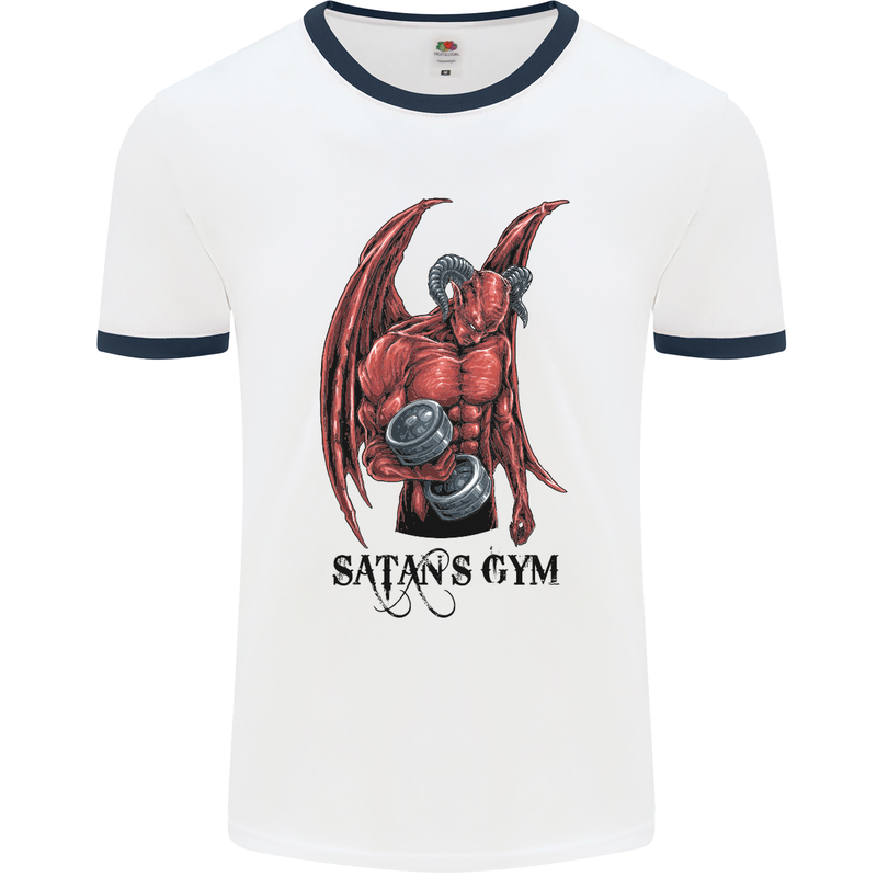 Satan's Gym Bodybuilding Training Top Mens White Ringer T-Shirt White/Navy Blue