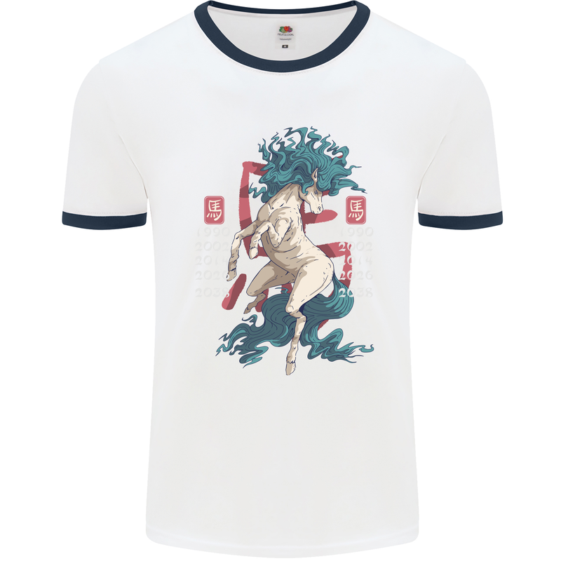 Chinese Zodiac Shengxiao Year of the Horse Mens White Ringer T-Shirt White/Navy Blue