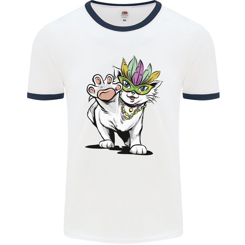 Mardi Gras Festival Cat Mens White Ringer T-Shirt White/Navy Blue