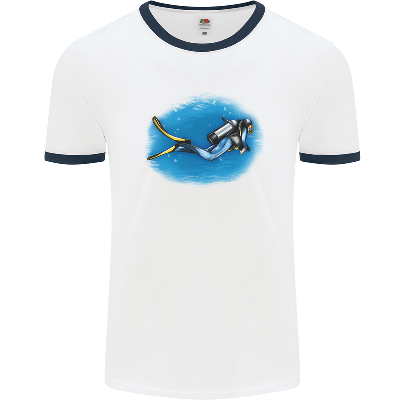 Ocean Scuba Diver Scuba Diving Mens White Ringer T-Shirt White/Navy Blue