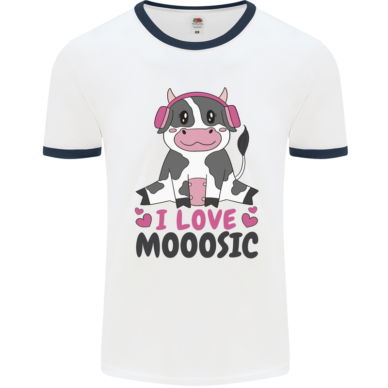 I Love Mooosic Funny Cow DJ Mens White Ringer T-Shirt White/Navy Blue