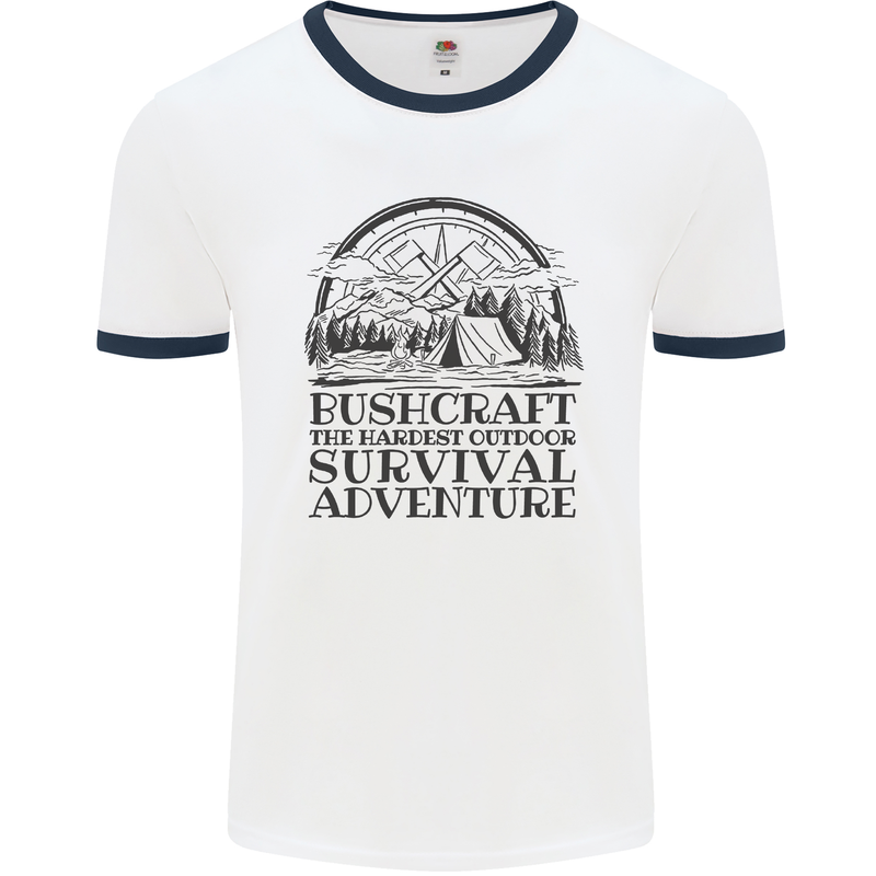 Bushcraft Outdoor Survival Adventure Mens White Ringer T-Shirt White/Navy Blue