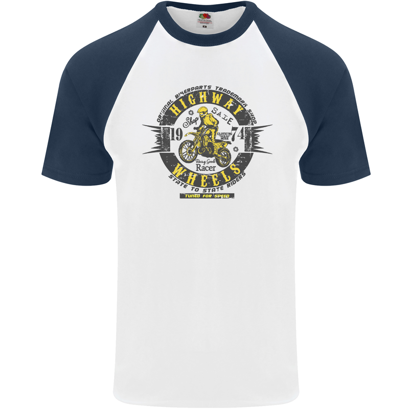 Highway Wheels Motocross Motorcycle Mens S/S Baseball T-Shirt White/Navy Blue