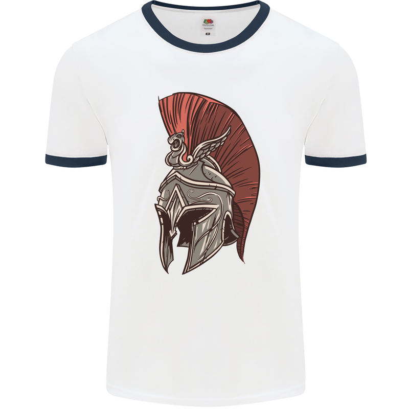 Roman Helmet Bodybuilding Gym Spartan Mens Ringer T-Shirt White/Navy Blue