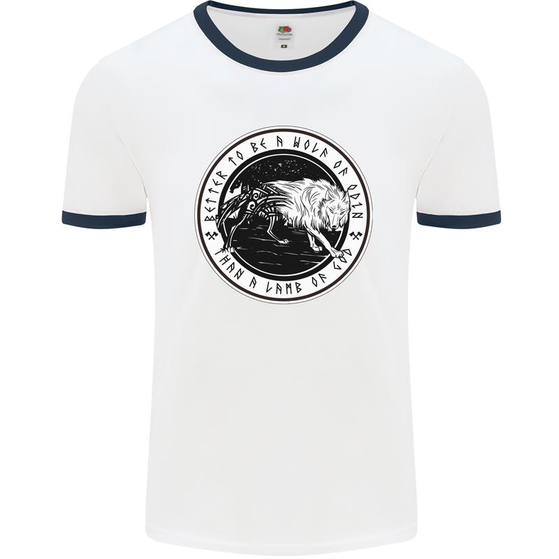 Viking a Wolf of Odin Than a Lamb of God Mens White Ringer T-Shirt White/Navy Blue