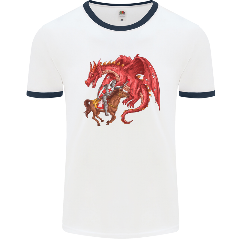 St. George Killing a Dragon Mens White Ringer T-Shirt White/Navy Blue