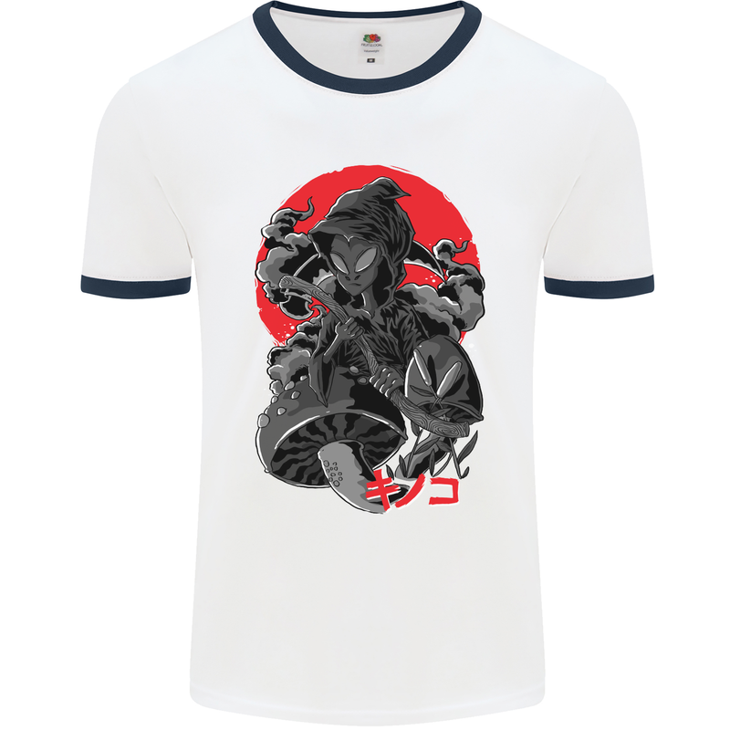 Magic Mushrooms Weed Japanese Alien Mens White Ringer T-Shirt White/Navy Blue