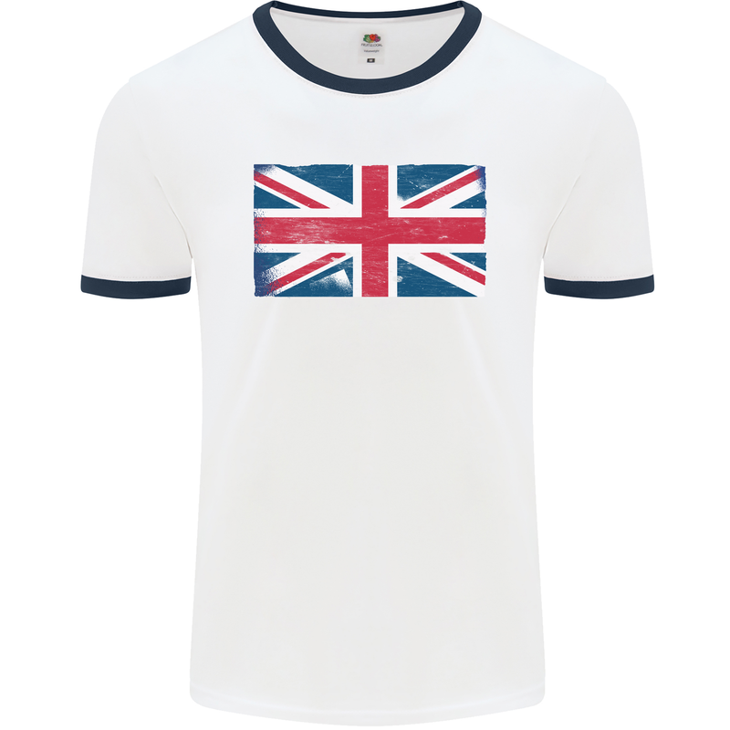 Distressed Union Jack Flag Great Britain Mens White Ringer T-Shirt White/Navy Blue