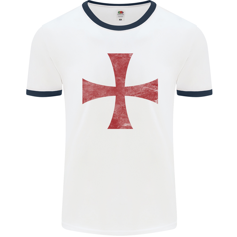 Knights Templar Cross Fancy Dress Outfit Mens White Ringer T-Shirt White/Navy Blue