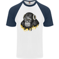 Monkey DJ Headphones Music Mens S/S Baseball T-Shirt White/Navy Blue