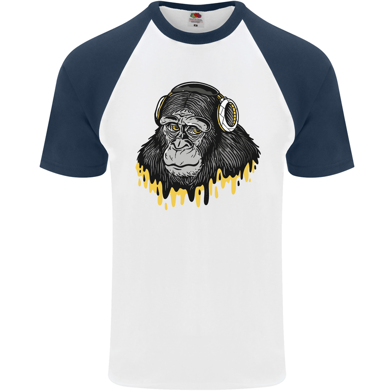 Monkey DJ Headphones Music Mens S/S Baseball T-Shirt White/Navy Blue