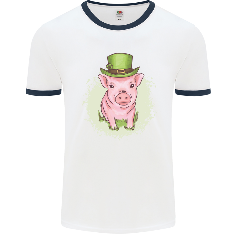 St Patricks Day Pig Mens White Ringer T-Shirt White/Navy Blue