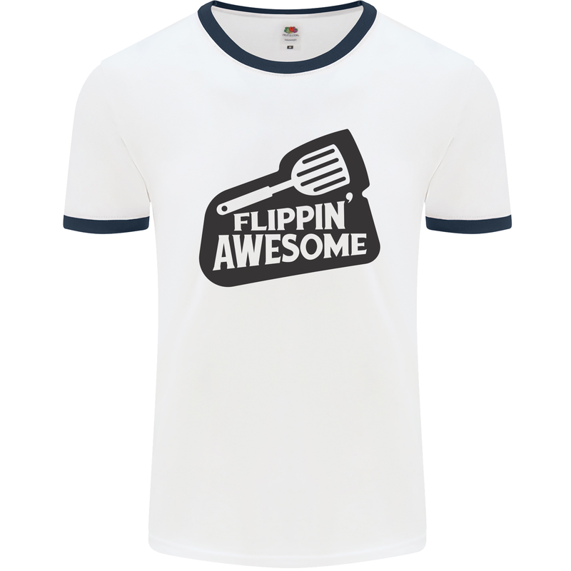 Flipping Awesome Funny BBQ Chef Fathers Day Mens White Ringer T-Shirt White/Navy Blue