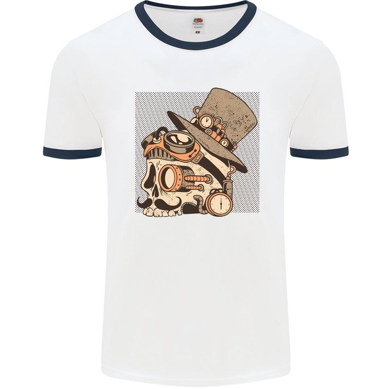 Steampunk Skull With Moustache Mens White Ringer T-Shirt White/Navy Blue