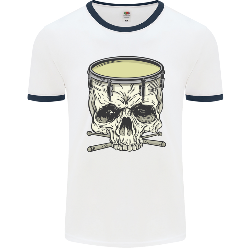 Skull Snare Drum Drummer Drumming Mens White Ringer T-Shirt White/Navy Blue