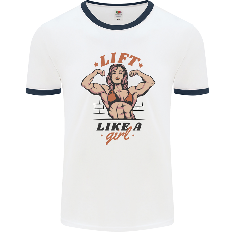 Lift Like a Girl Female Bodybuilding Mens Ringer T-Shirt White/Navy Blue