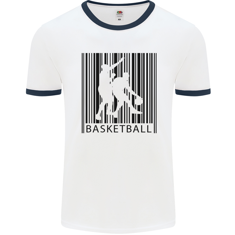 Basketball Barcode Player Mens White Ringer T-Shirt White/Navy Blue