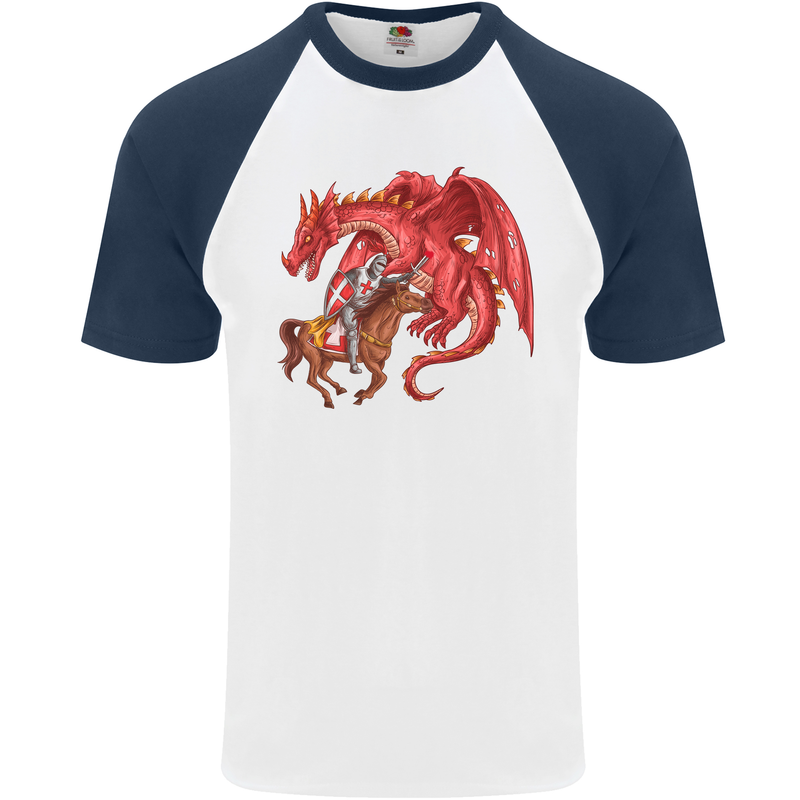 St. George Killing a Dragon Mens S/S Baseball T-Shirt White/Navy Blue