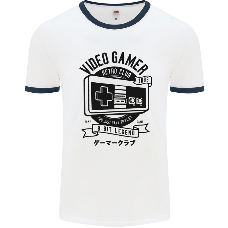 Video Gamer Retro Club Gaming Mens White Ringer T-Shirt White/Navy Blue