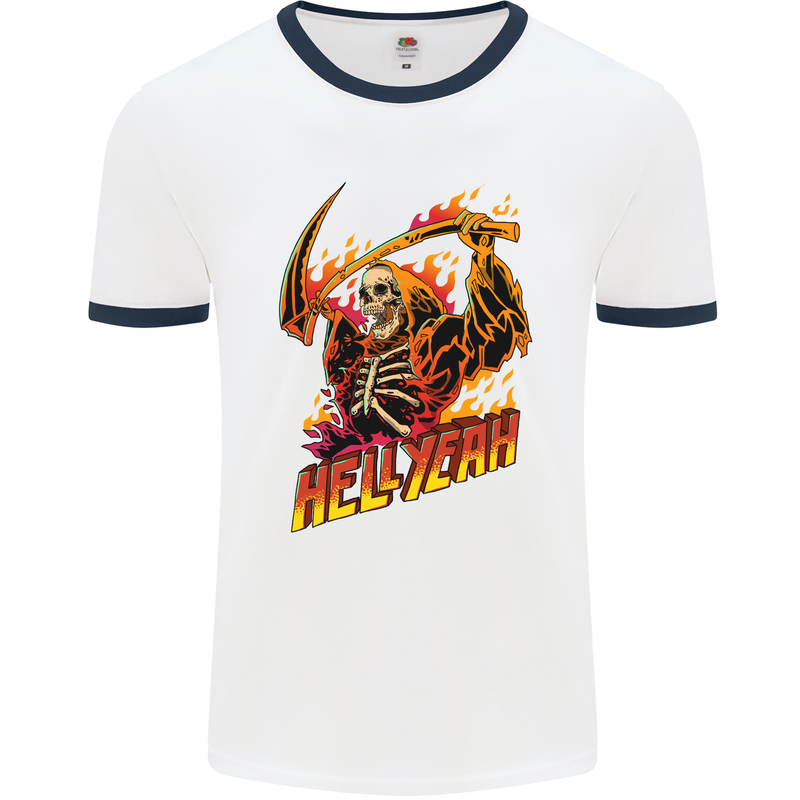 Hell Yeah Grim Reaper Skull Heavy Metal Mens White Ringer T-Shirt White/Navy Blue