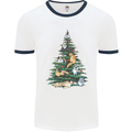 Cat Christmas Tree Mens White Ringer T-Shirt White/Navy Blue