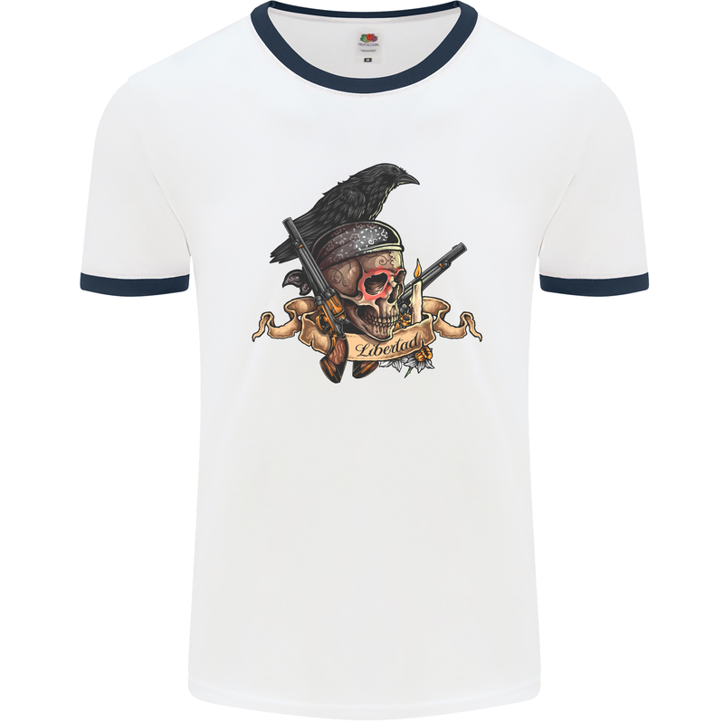 Libertad Skull Freedom Pirate Crow Raven Mens White Ringer T-Shirt White/Navy Blue