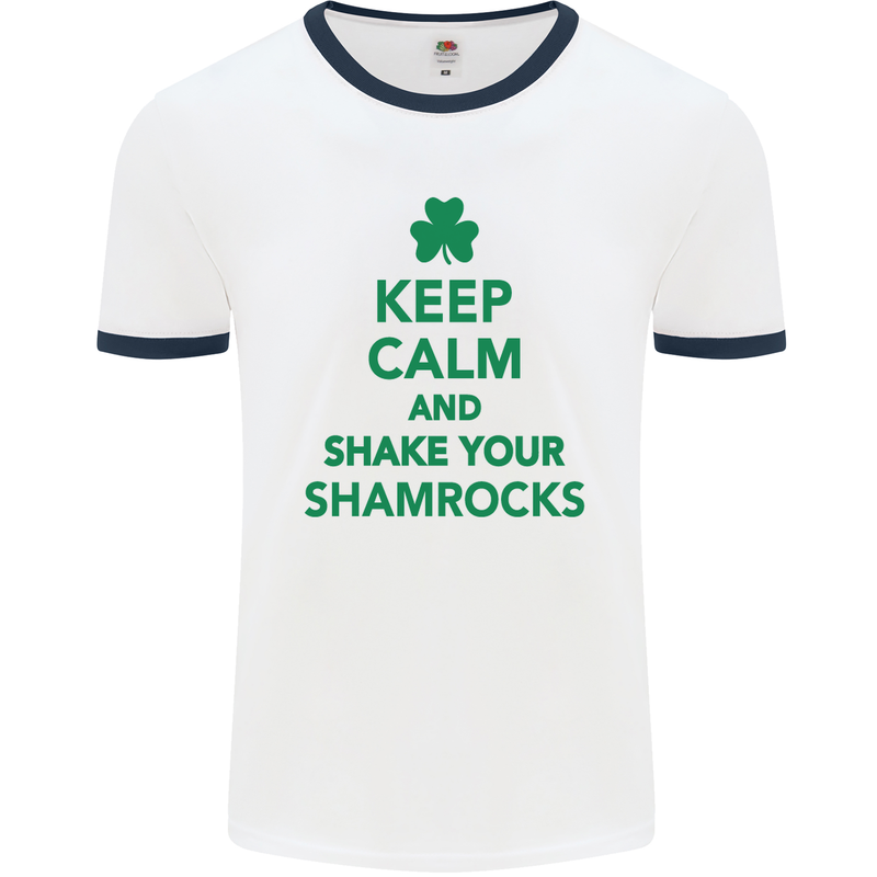 Keep Calm & Shamrocks St. Patrick's Day Mens White Ringer T-Shirt White/Navy Blue