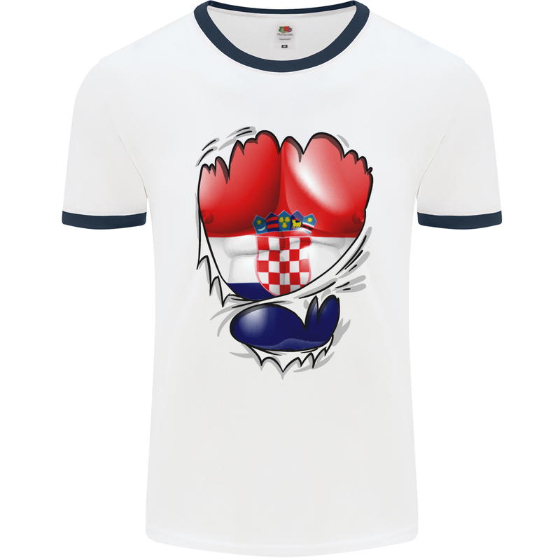 Gym Croatian Flag Ripped Muscles Croatia Mens White Ringer T-Shirt White/Navy Blue