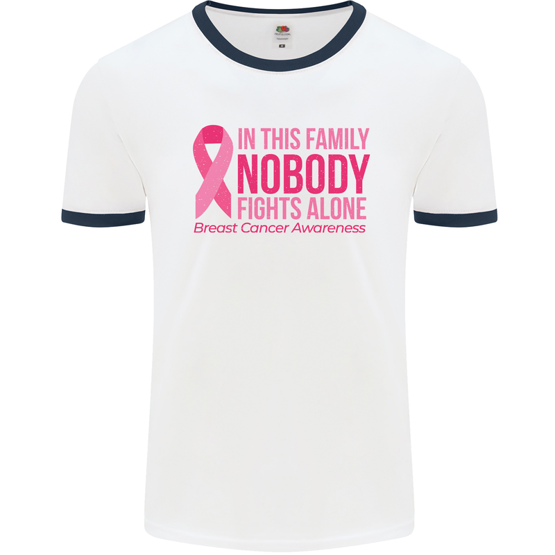 Breast Cancer Awareness Nobody Fights Alone Mens White Ringer T-Shirt White/Navy Blue