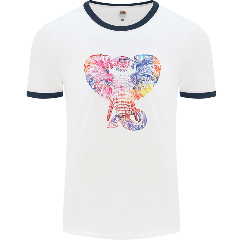 Mandala Art Elephant Contemporary Mens White Ringer T-Shirt White/Navy Blue