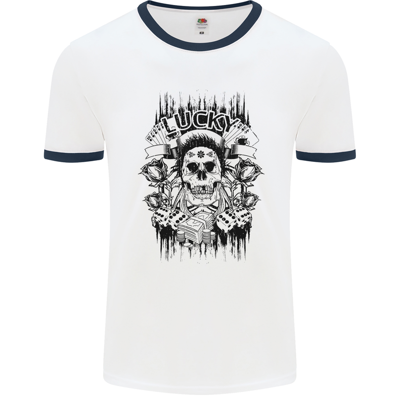 Lucky Dice Skull Motorbike Biker Motorcycle Mens White Ringer T-Shirt White/Navy Blue