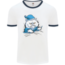 A Cat In Bed Under the Duvet Mens White Ringer T-Shirt White/Navy Blue