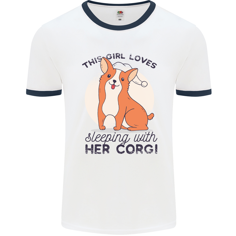 Sleeping With Her Corgi Funny Mens White Ringer T-Shirt White/Navy Blue