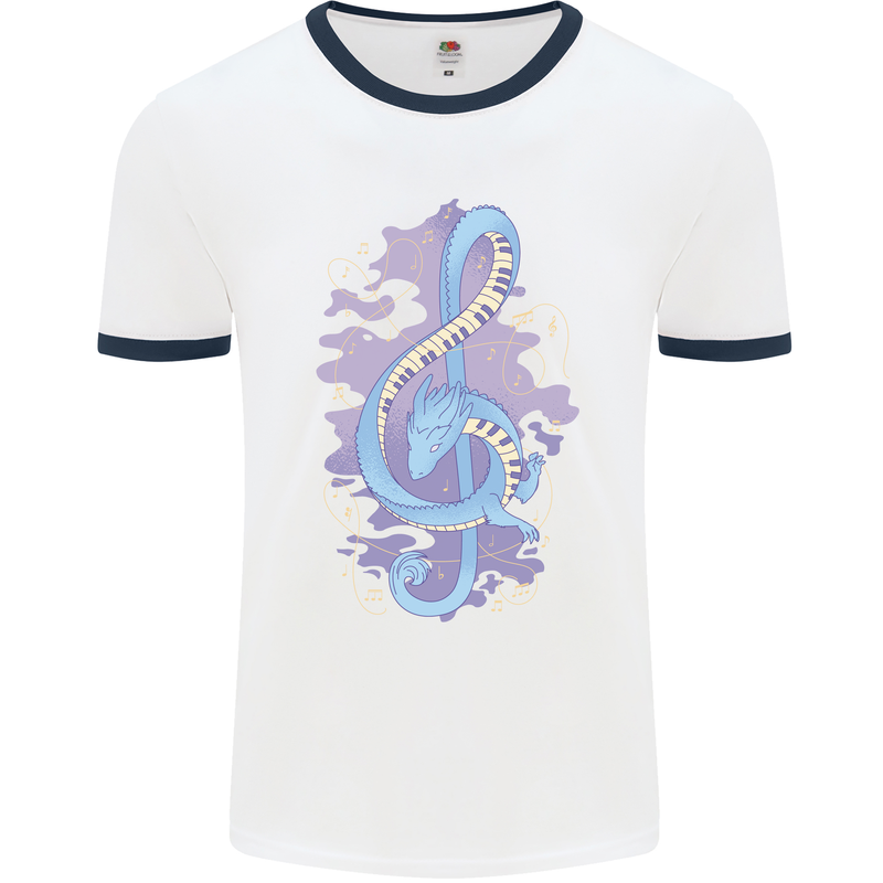 Musical Keyboard Dragon Mens White Ringer T-Shirt White/Navy Blue