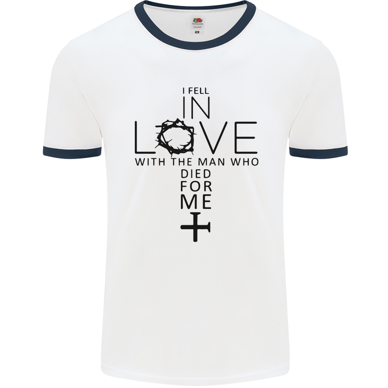 In Love With the Cross Christian Christ Mens White Ringer T-Shirt White/Navy Blue