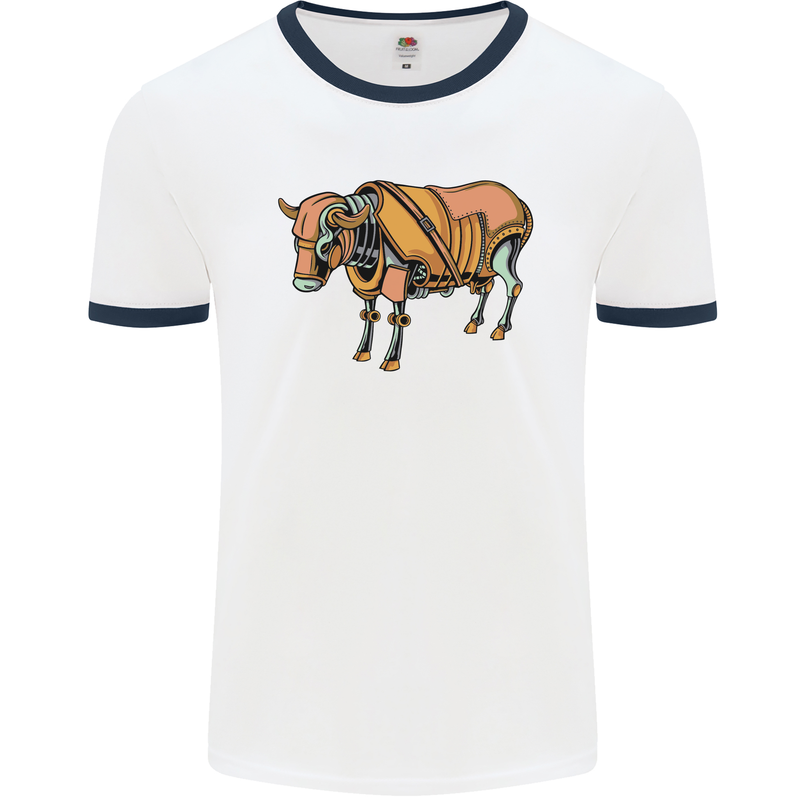 A Steampunk Bull Mens White Ringer T-Shirt White/Navy Blue