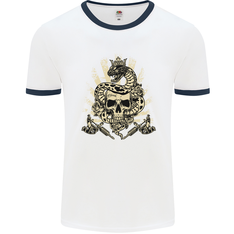 Tattoo Skull Snake Tattooist Biker Gothic Mens White Ringer T-Shirt White/Navy Blue