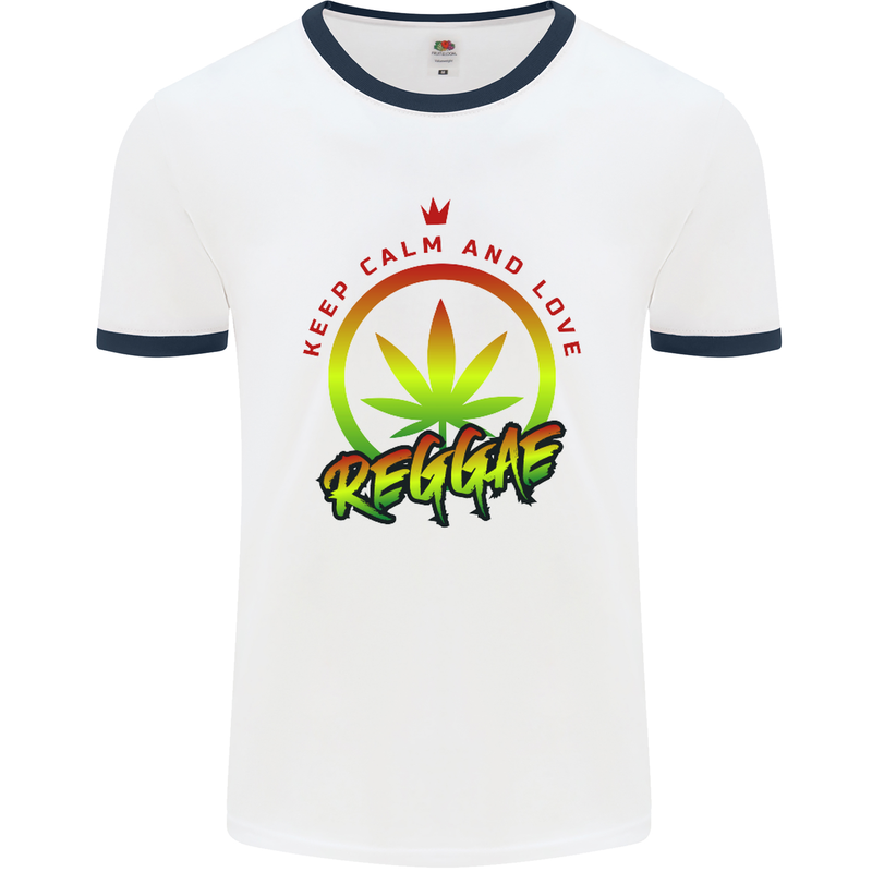 Keep Calm and Love Reggae Music Mens White Ringer T-Shirt White/Navy Blue