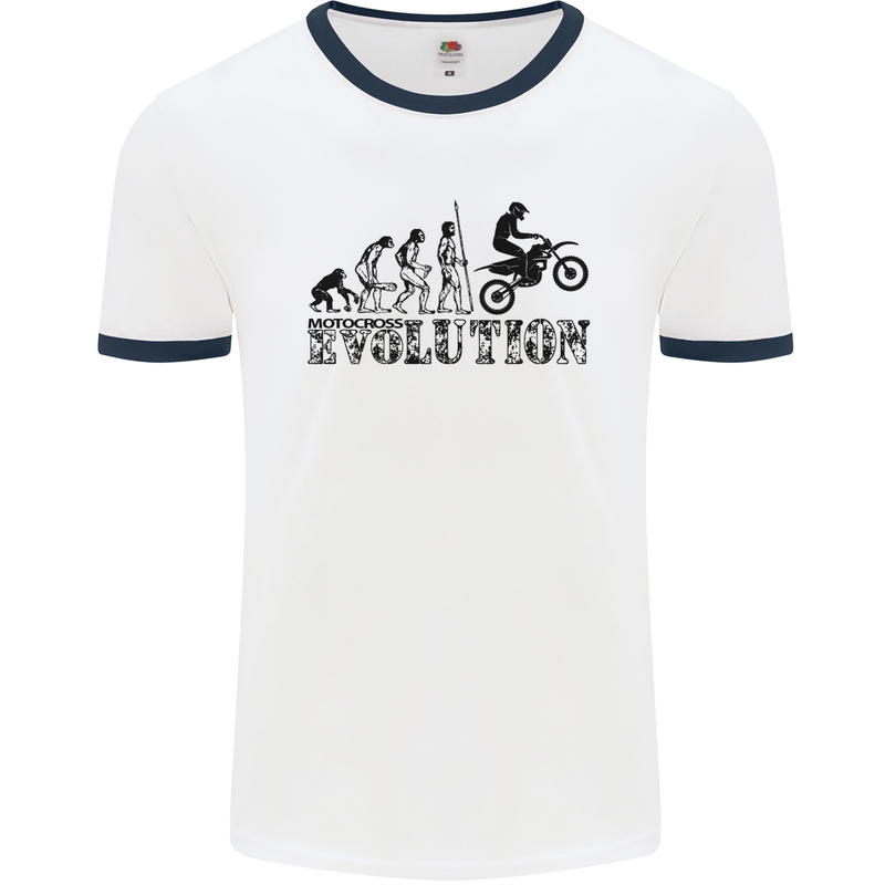 Evolution of Motorcycle Motorbike Biker Mens White Ringer T-Shirt White/Navy Blue